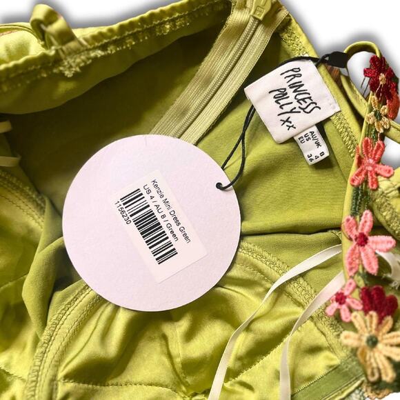 Princess Polly Lime Green Satin Mini Dress with Embroidered Flowers Size 4 -NWT - Picture 6 of 7